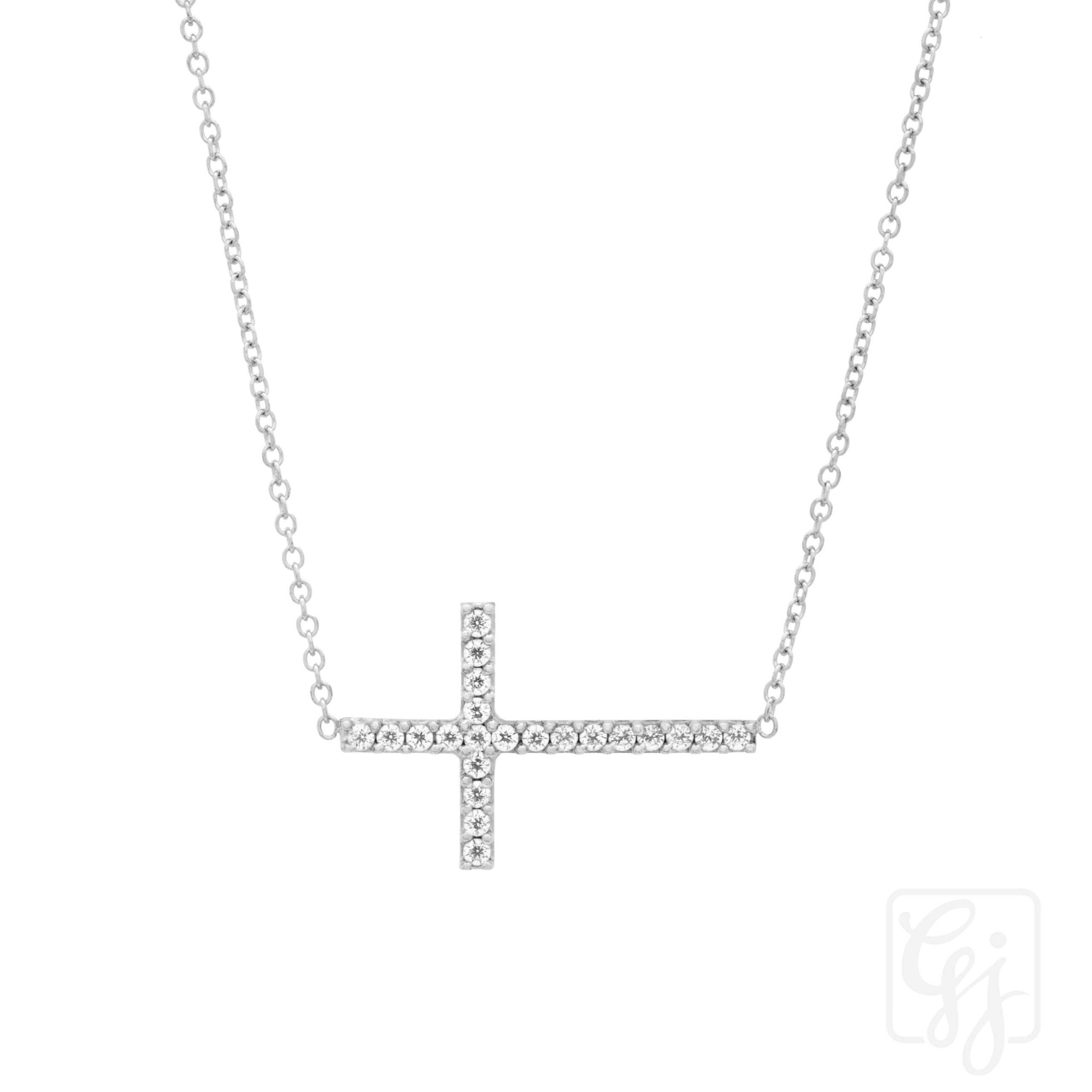 9K White Gold Cross Necklace With CZ